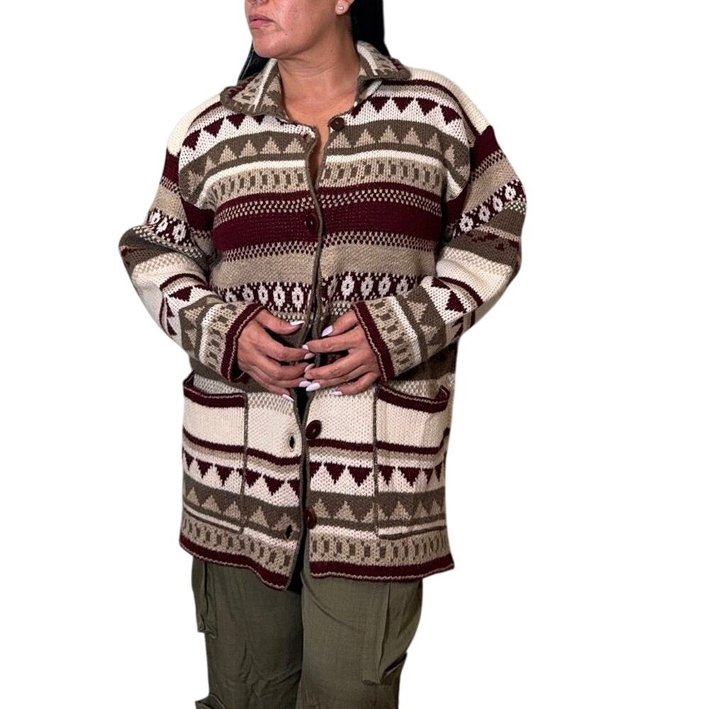 Reserva Knit Cardigan Sweater Button Front Boho Aztec Print Size M